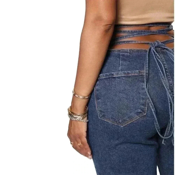 Fashion Nova Tie Em Up High Rise Boyfriend Denim Jeans Lace Up Back Plus Size 15 - Picture 13 of 16